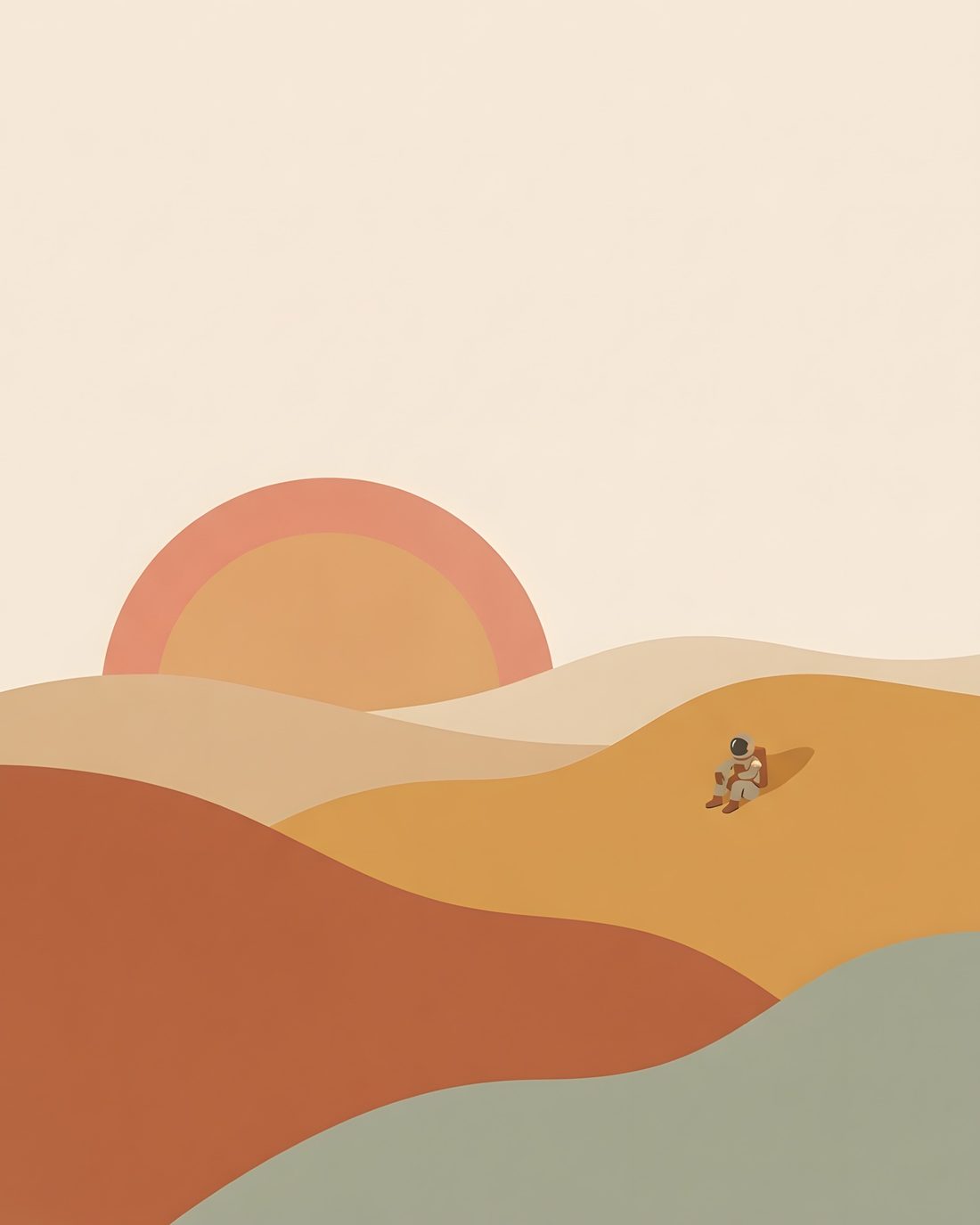 Minimal earth-tone desert at sunrise with a tiny astronaut resting in the dunes