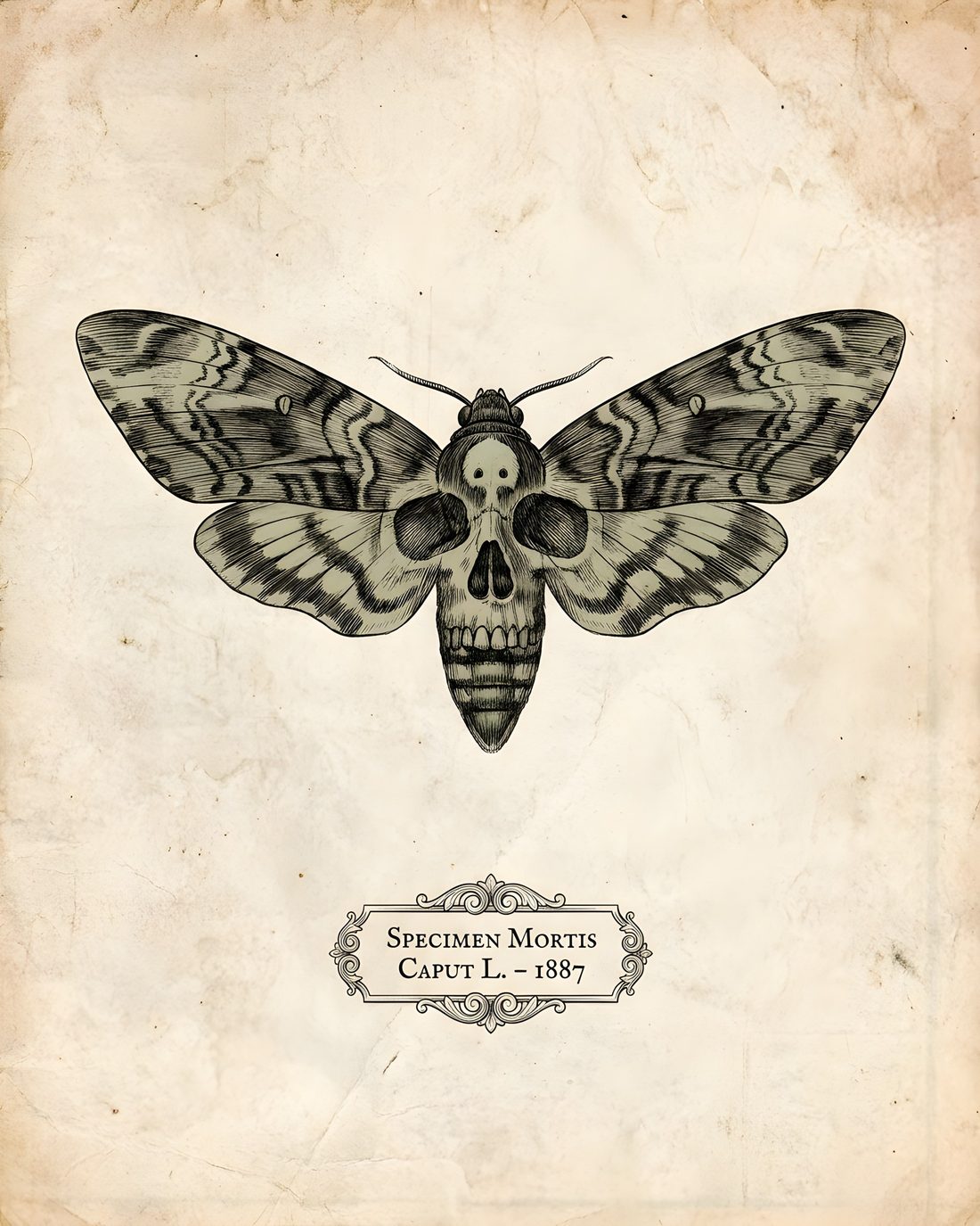 Vintage naturalist plate of a death's-head hawkmoth on aged paper with a mock-Latin label