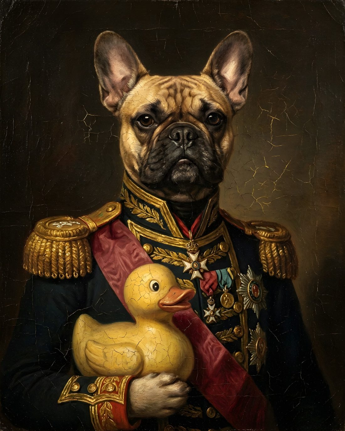Old-master military portrait of a French bulldog general in medals, cradling a rubber duck
