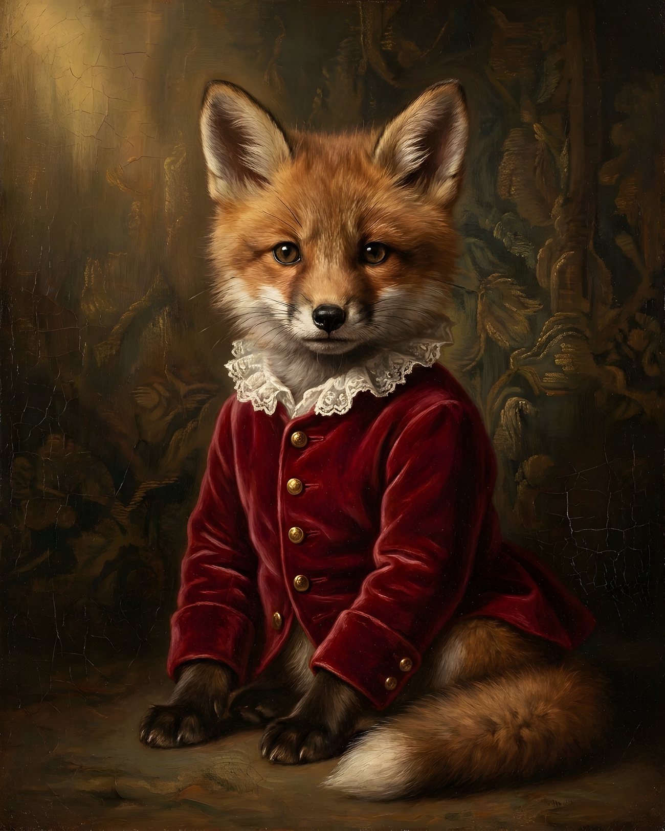 Oil-portrait of a young fox in a red velvet coat and lace collar, sitting still and looking entirely serious